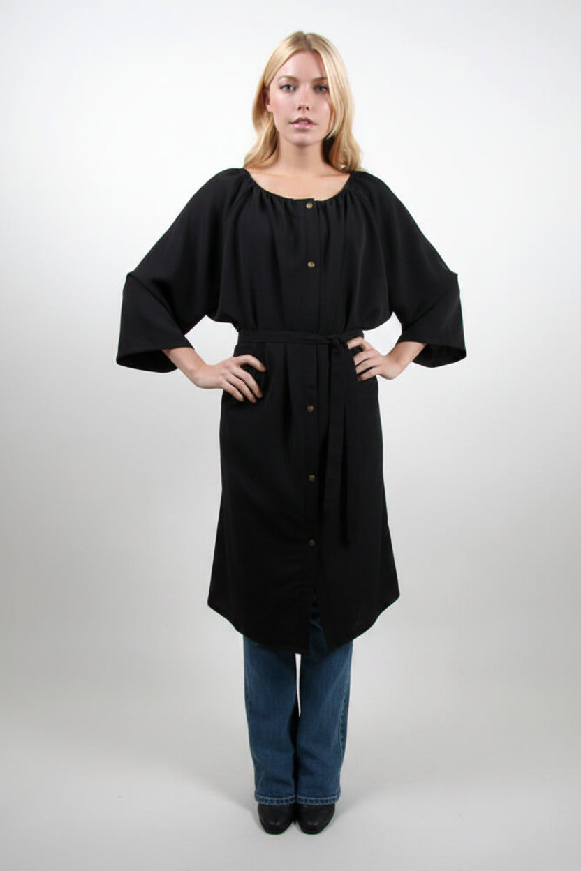 Style #86-G  Elastic Neck Robe in Peachskin fabric Black