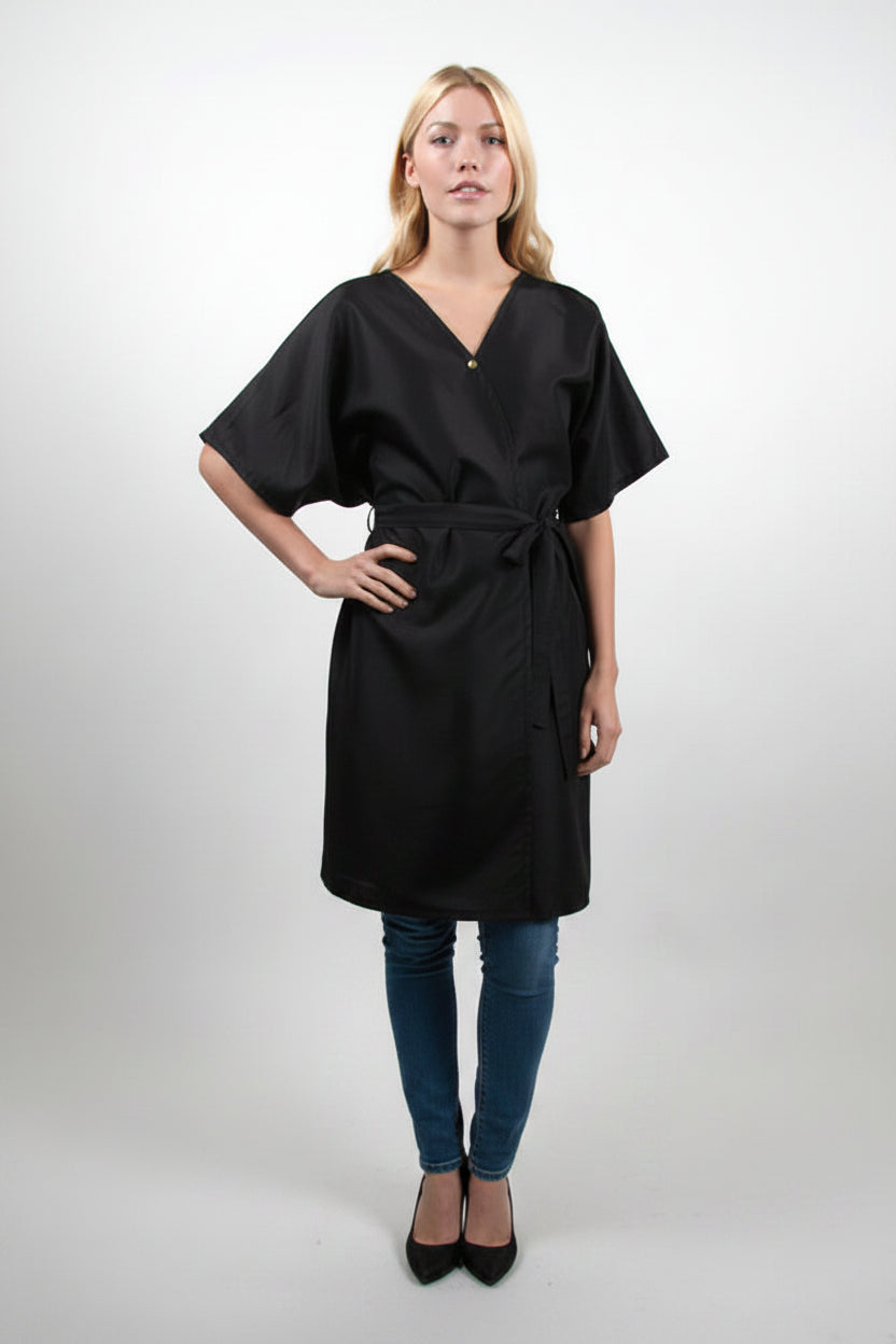 Style #85N Kimono Style Wrap Front in Nylon / Poly Iridescent Silkara Black