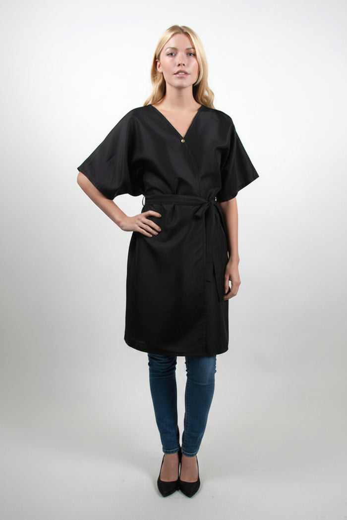 Style #85N Kimono Style Wrap Front in Nylon / Poly Iridescent Silkara Black