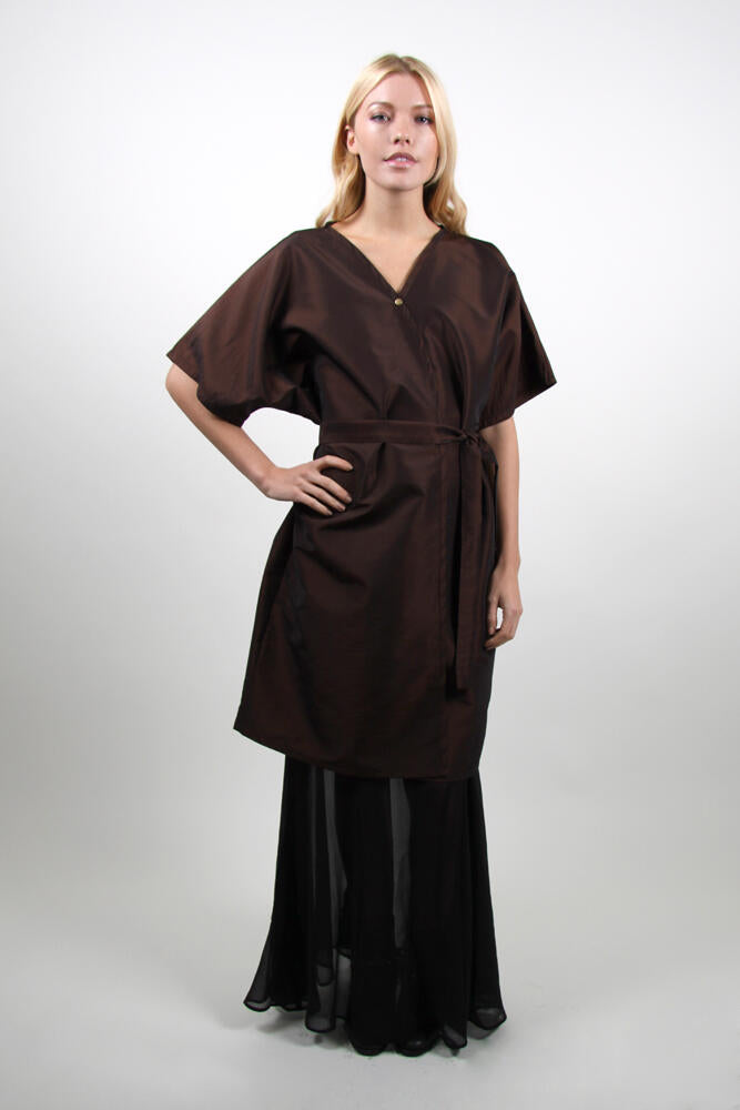 Style #85N Kimono Style Wrap Front in Nylon / Poly Iridescent Silkara fabric ~ Dozen Pricing