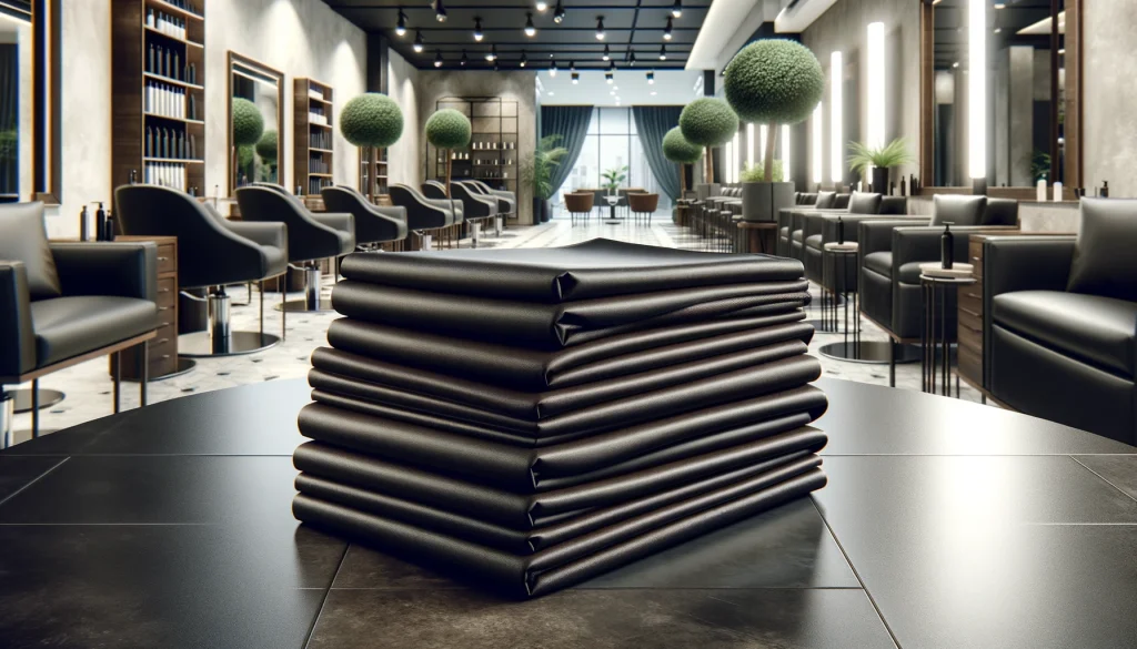 a neat pile of clean, folded cutting capes in a high-end salon. The setting reflects the luxurious and professional ambiance
