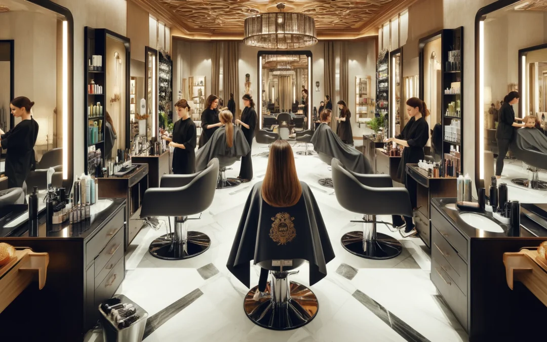A high-end salon interior with stylish decor and modern furniture. Clients are wearing capes with logos and seated in comfortable chairs, getting their hair done by professionals
